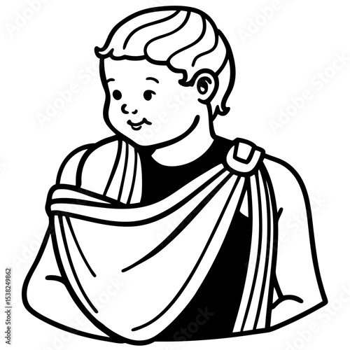 Black and white illustration of smiling child in sling wrap