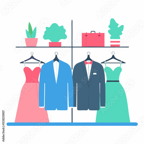 Wardrobe with dresses and suits in flat minimalist style