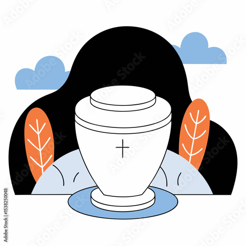 Flat style cremation urn illustration with cross and foliage