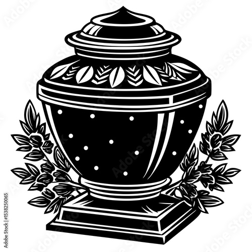 Ornate cremation urn with floral decorations in black and white