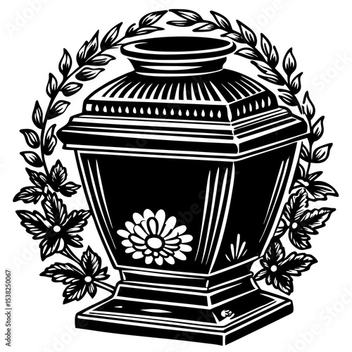  Ornate floral cremation urn illustration with wreath design