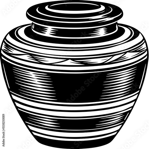 Detailed cremation urn illustration in black and white style