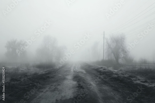 Moody Landscape Scene Featuring Hazy Dirt Path in Monochrome Palette
