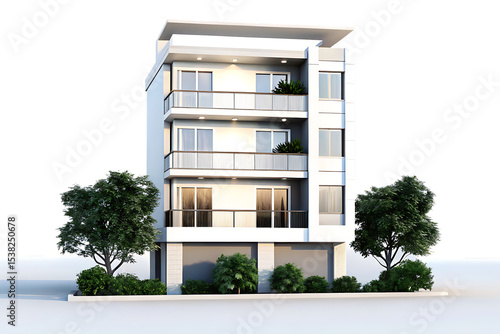 Fototapeta Naklejka Na Ścianę i Meble -  Modern three-story building isolated on a white background png ai generated