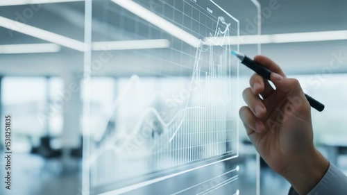 Analyzing Financial Data: Hand Drawing Growth Charts on Transparent Screen in Modern Office