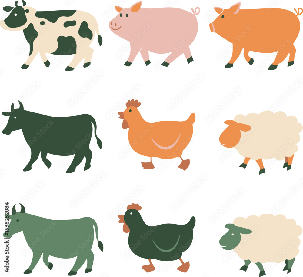 Fototapeta premium Flat design farm animals illustration cows pigs chickens and sheep