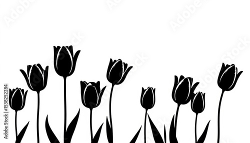 Elegant black monochrome hand-drawn tulip silhouettes on white background, white, retro