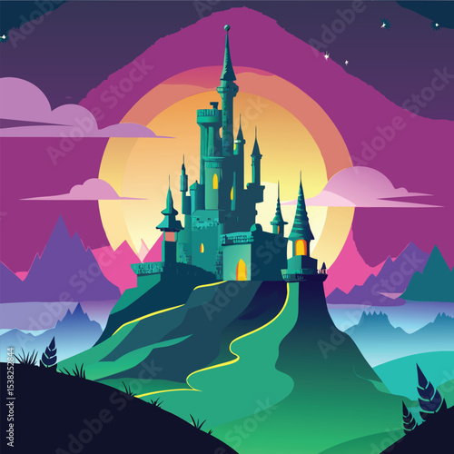 fantasy castle in silhouette on hilltop with mag