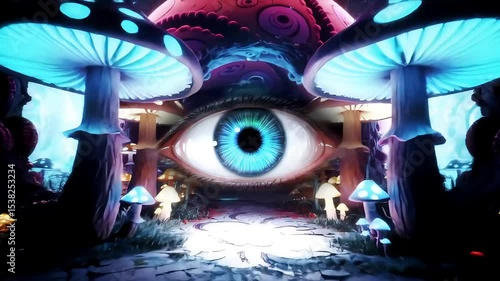 Luminescent mushrooms casting ethereal light across surreal, dreamlike terrain, mystical giant eye observing otherworldly landscape with enigmatic, magical presence