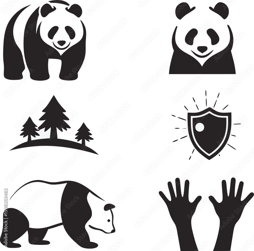 Obraz premium Set of black and white panda bear icons and related elements