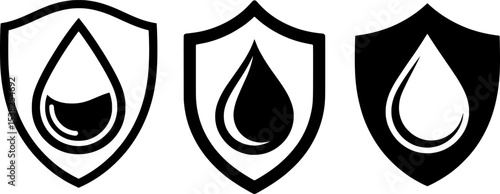 a bold black silhouette of a water droplet shield symbolizes purity and protection