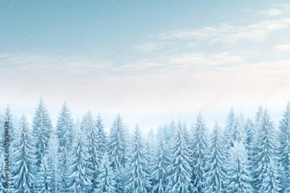 Fototapeta premium Serene Winter Wonderland: Snow-Covered Pine Trees Under Clear Blue Sky.