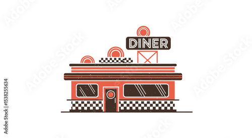 Vintage Diner Icon Vector SVG Illustration with Retro Building and Sign Flat Design in Brown and Coral Colors