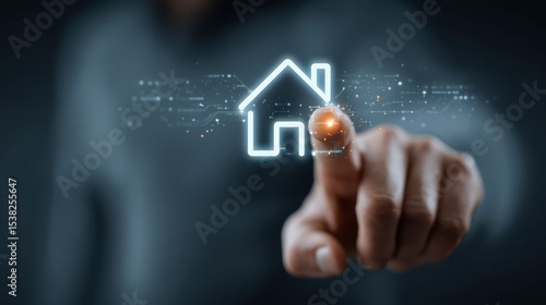 glowing house symbol represents modern technology and connectivity with smart home technology icons overplayed on a blue background