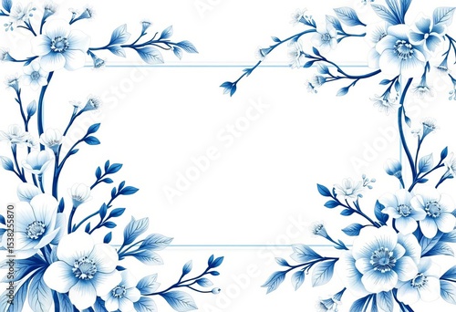Elegant blue & white chinoiserie floral greeting card design, horizontal frame, vintage bloom illustration, invitation, frame