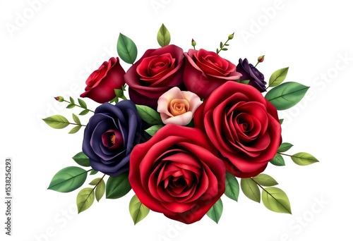 Elegant burgundy, navy, & red rose wedding floral arrangement with green leaves Vector illustration, design element, vector