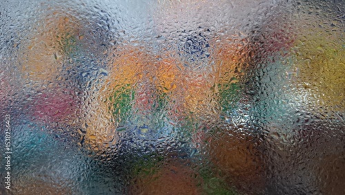 A vibrant and colorful abstract view captured through a wet, textured glass surface. Perfect for use as a background, texture overlay, or design element in creative projects.