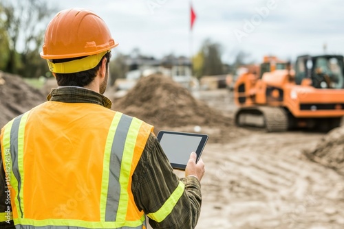Construction Worker Using Tablet at Busy Job Site with Heavy Machinery.