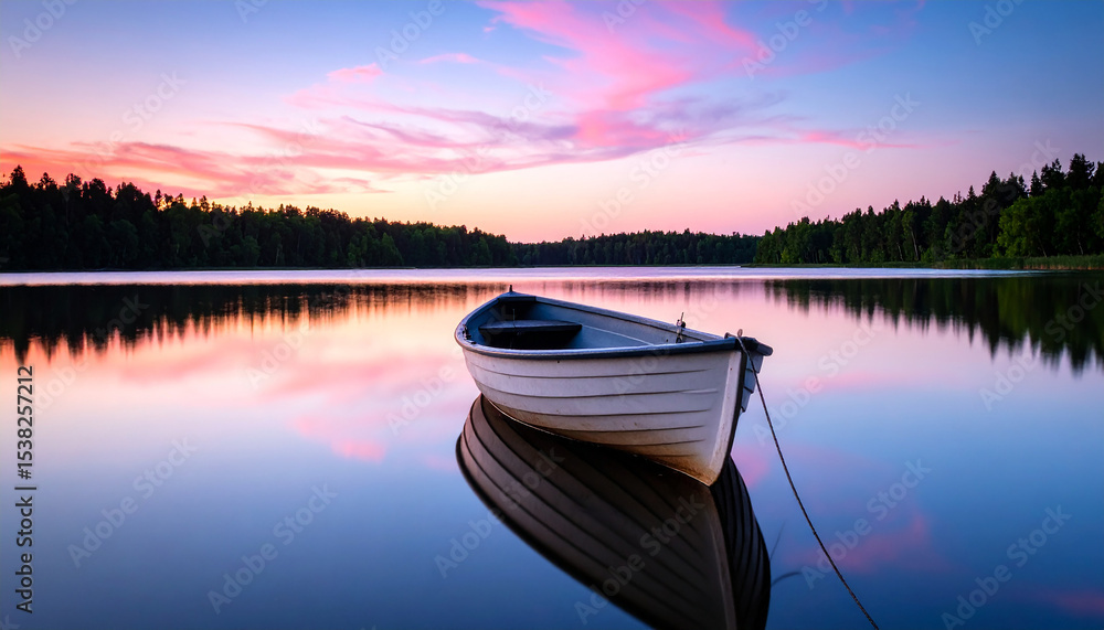 Obraz premium Lone Boat on Calm Lake at Twilight with Pink and Blue Sky.calm, dawn, dusk, horizon, peaceful, serene, sunrise, tranquil, scenic, boat, lake, nature, sky, sunset, water, beautiful, landscape,