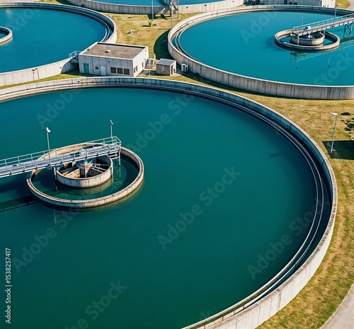 Aerial View of Circular Wastewater Treatment Basins at Industrial Water Facility