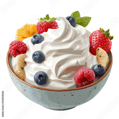 A bowl of Greek yogurt with different fruits berries vector isolated on a white background