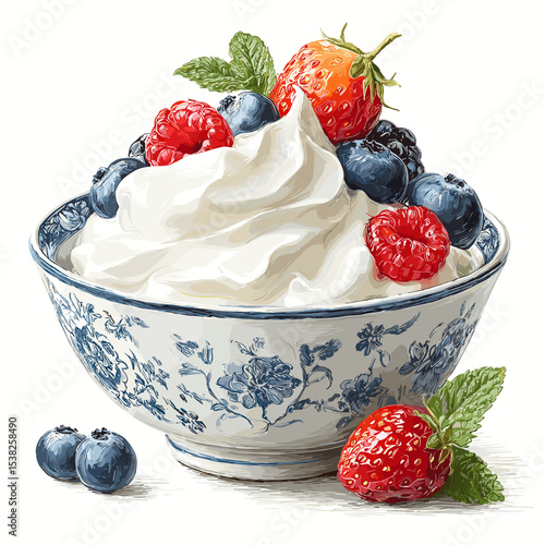 A bowl of Greek yogurt with different fruits berries vector isolated on a white background