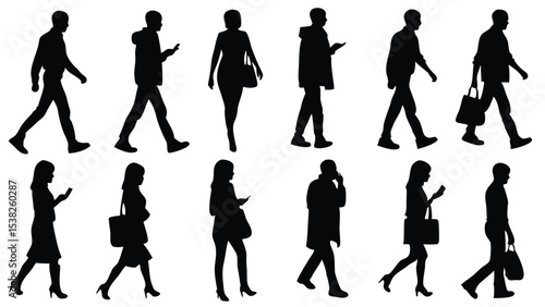 Silhouetted people walk, use phones, and carry bags, conveying urban pedestrian activity
