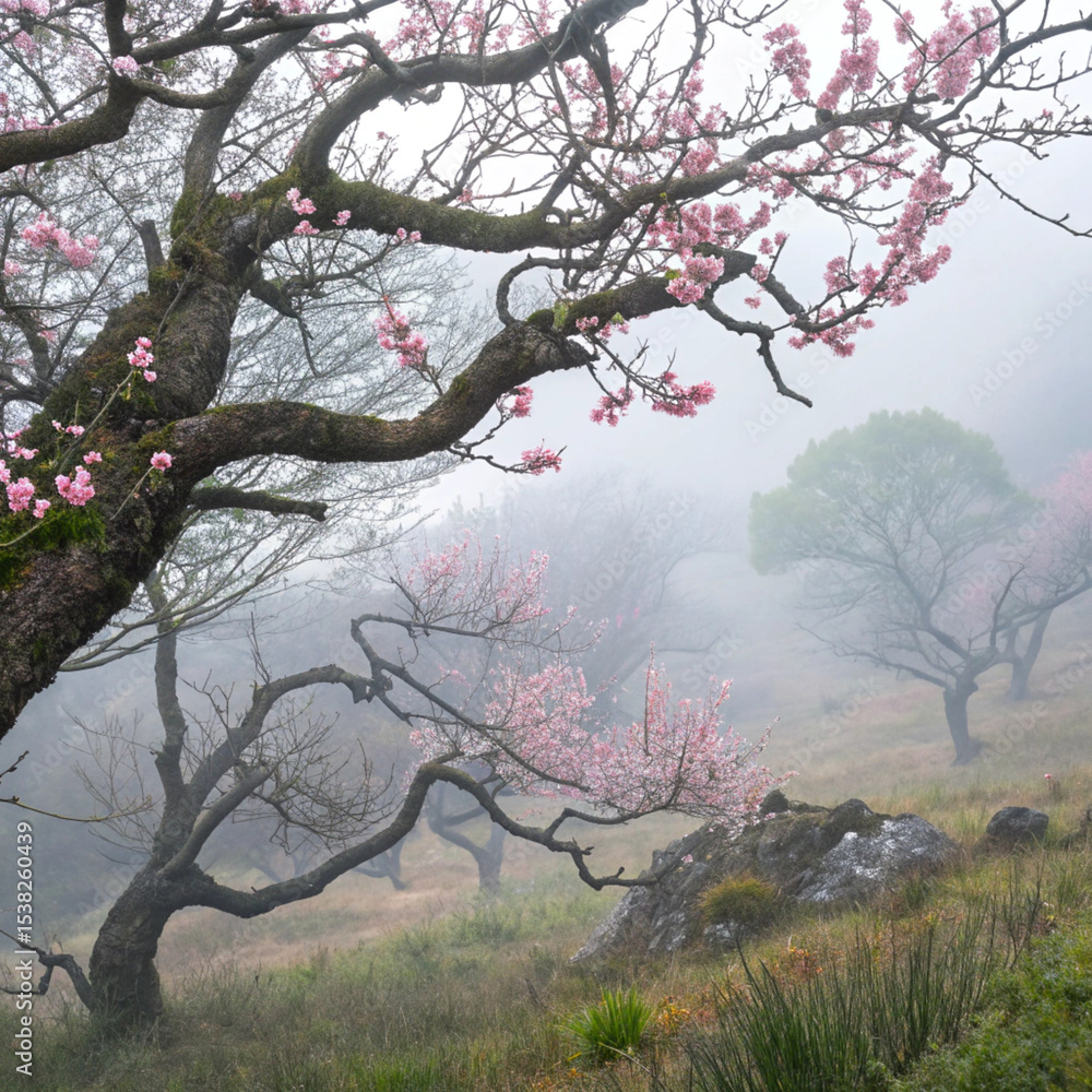 Fototapeta premium Misty mountain landscape with pink blossoming trees