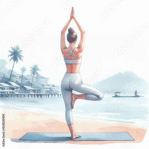 Balanced Bloom Yoga Tree Pose isolated watercolor vector illustration svg