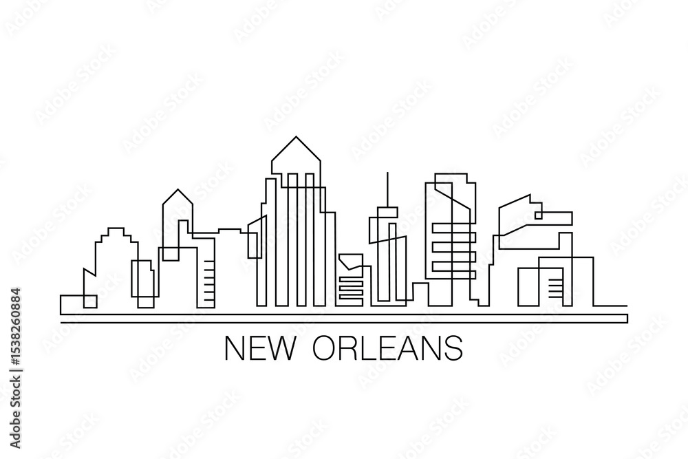 Fototapeta premium New Orleans stroke, single art skyline. Continuous urban panorama silhouette outline, vector illustration of USA, Louisiana state city with buildings, skyscrapers. Thin line icon, logo, card
