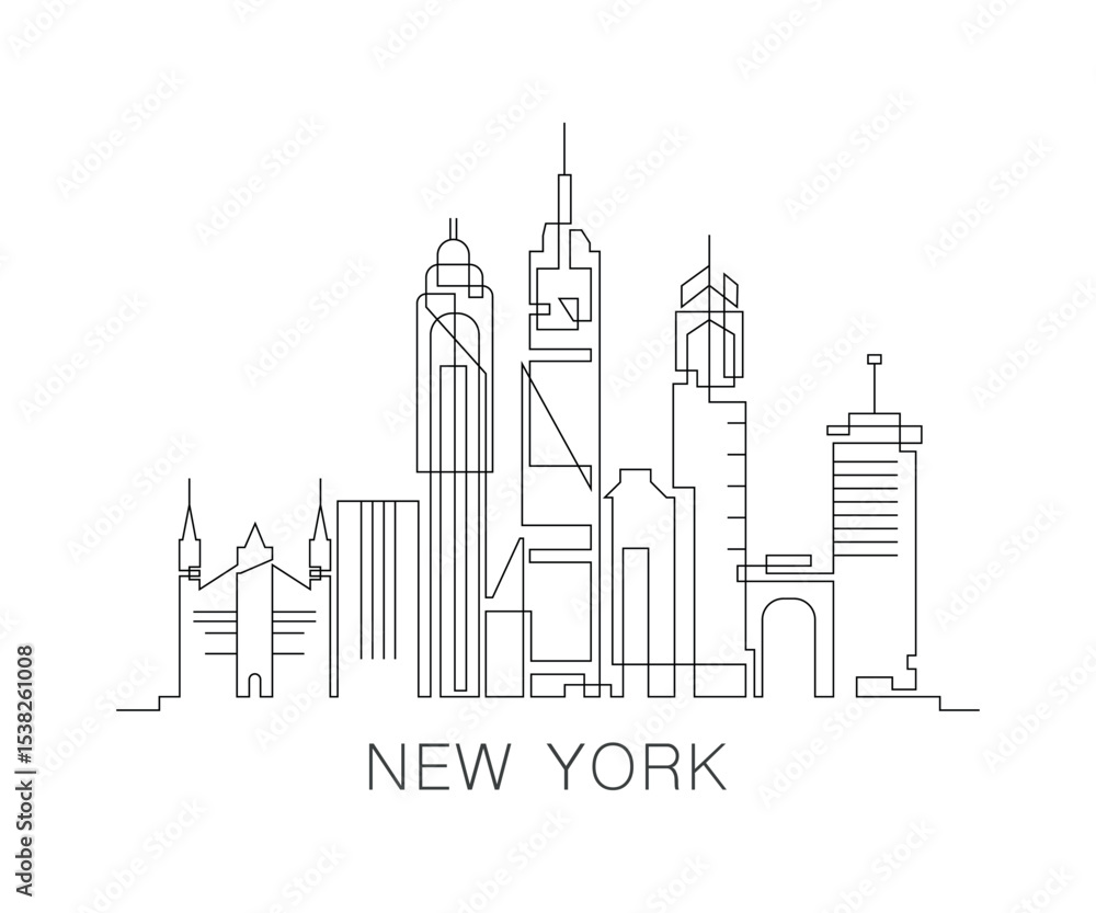 Naklejka premium NYC stroke, single art skyline. Continuous urban panorama silhouette outline, vector illustration of USA, New York state city with buildings, skyscrapers. Thin line icon, logo, card