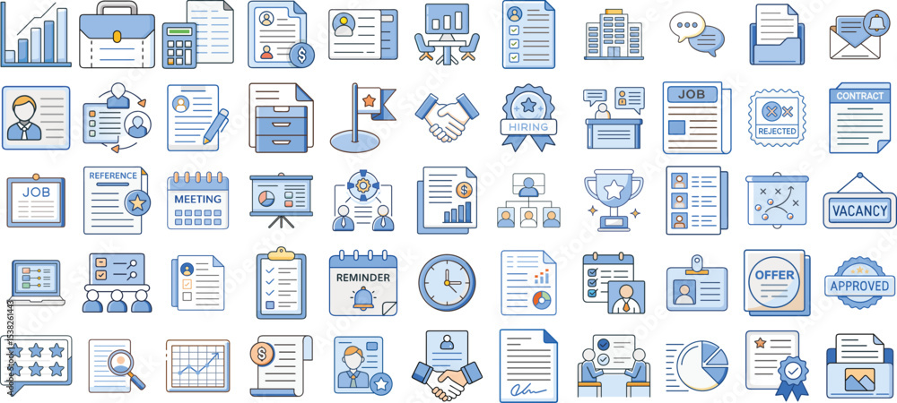 Obraz premium Business icons set. Collection of flat style icons for business themes: deals, resumes, reports, and hiring. These professional business icons are perfect for presentations and marketing materials.