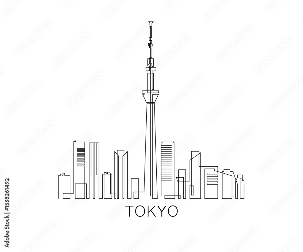 Obraz premium Tokyo stroke, single art skyline. Continuous urban panorama silhouette outline, vector illustration of Japan city with buildings, skyscrapers. Thin line icon, logo, card
