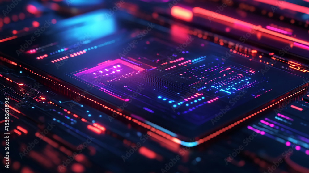 Close up of a glowing circuit board with blue and red lights showing intricate details of technology Close up of a glowing circuit board with blue and red lights showing intricate details of technology