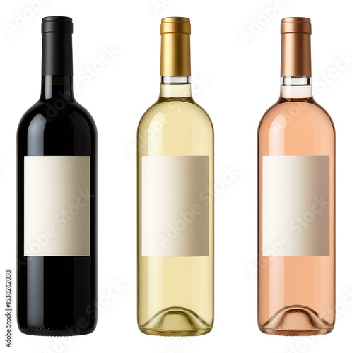 Three wine bottles with blank labels, featuring red, white, and rose wines with different colored caps.