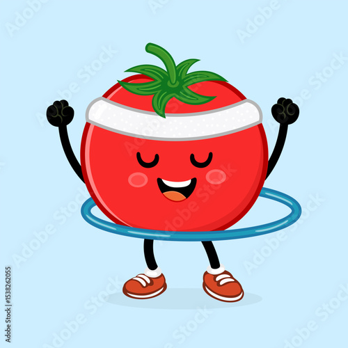 Tomato character spinning colorful hula hoop, demonstrating fitness enthusiasm with playful, energetic movement
