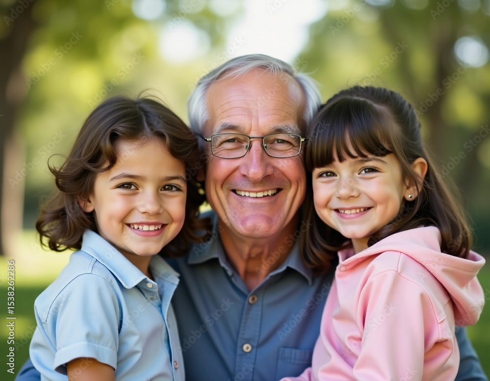Obraz premium A cheerful grandfather smiles brightly while embracing his two grandchildren, a boy and a girl, in a lush green park under the warm sun Generative AI