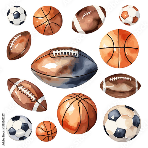 Artistic watercolor depiction of diverse sports balls, showcasing soccer, basketball, and football designs.