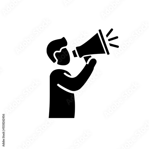 Person Speaking Through Megaphone Silhouette Icon, Minimal black silhouette of a person using a megaphone, symbolizing communication, announcement, public speaking, or activism.

