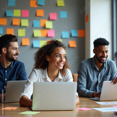 Candid photo of a diverse team collaborating in a modern open office. Laptops, sticky notes, and casual outfits highlight a creative, productive environment.