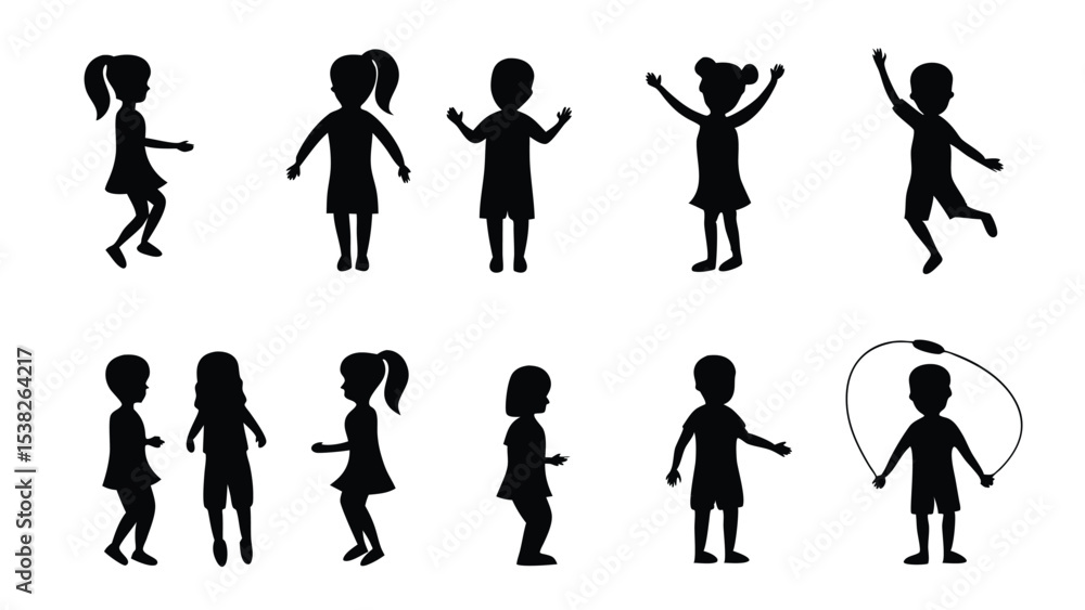 Fototapeta premium Silhouette kids showing different emotions and poses, one boy jumps rope joyfully