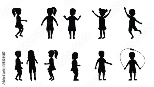 Silhouette kids showing different emotions and poses, one boy jumps rope joyfully