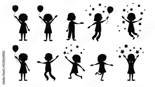 Silhouette girls play, dance, and celebrate with balloons and stars in an joyful scene