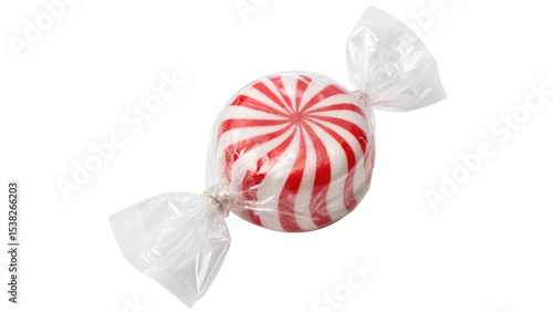 Sweet Round Peppermint Candy Wrapped in Transparent Plastic Cellophane Isolated on Transparent Background