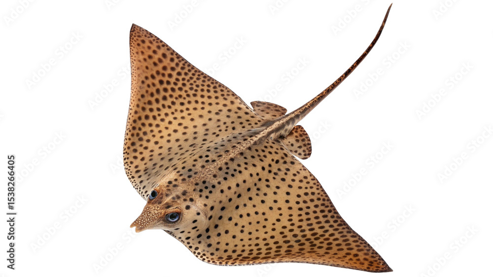 Obraz premium Spotted Eagle Ray White Body with Black Spots and Long Tail Isolated on Transparent Background