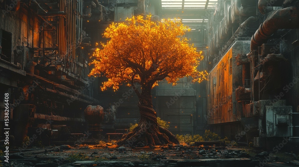 Obraz premium Flowering tree standing near ruined industrial building outdoors