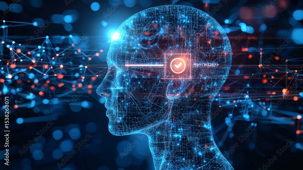 Obraz premium 3D schematic of neural network in side-profile head, circular marker highlighting blocked segment, clean background with infographic arrows