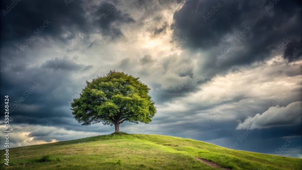 Obraz premium Isolated tree on a hill under grey cloudy sky with trees in background