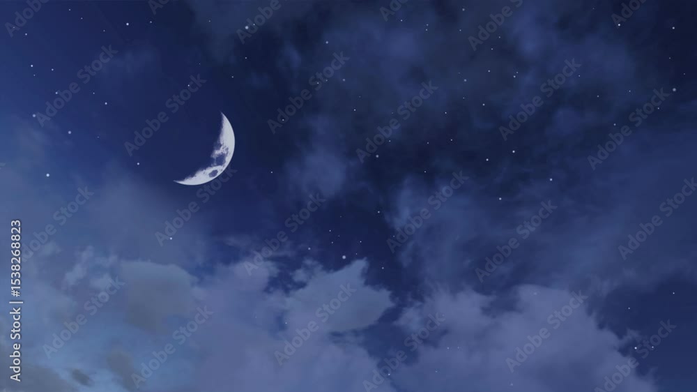 Dreamlike starry night sky with fantastic big half moon among fluffy cumulus clouds. Romantic nighttime cloudy heaven and new moon natural background with copy space, 3D animation. Dreamlike starry night sky with fantastic big half moon among fluffy cumulus clouds. Romantic nighttime cloudy heaven and new moon natural background with copy space, 3D animation.