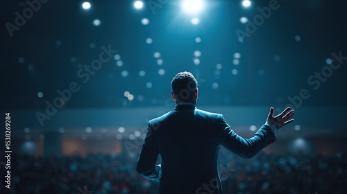 Business speaker engaging audience with confident gesture, conveying leadership and inspiration.